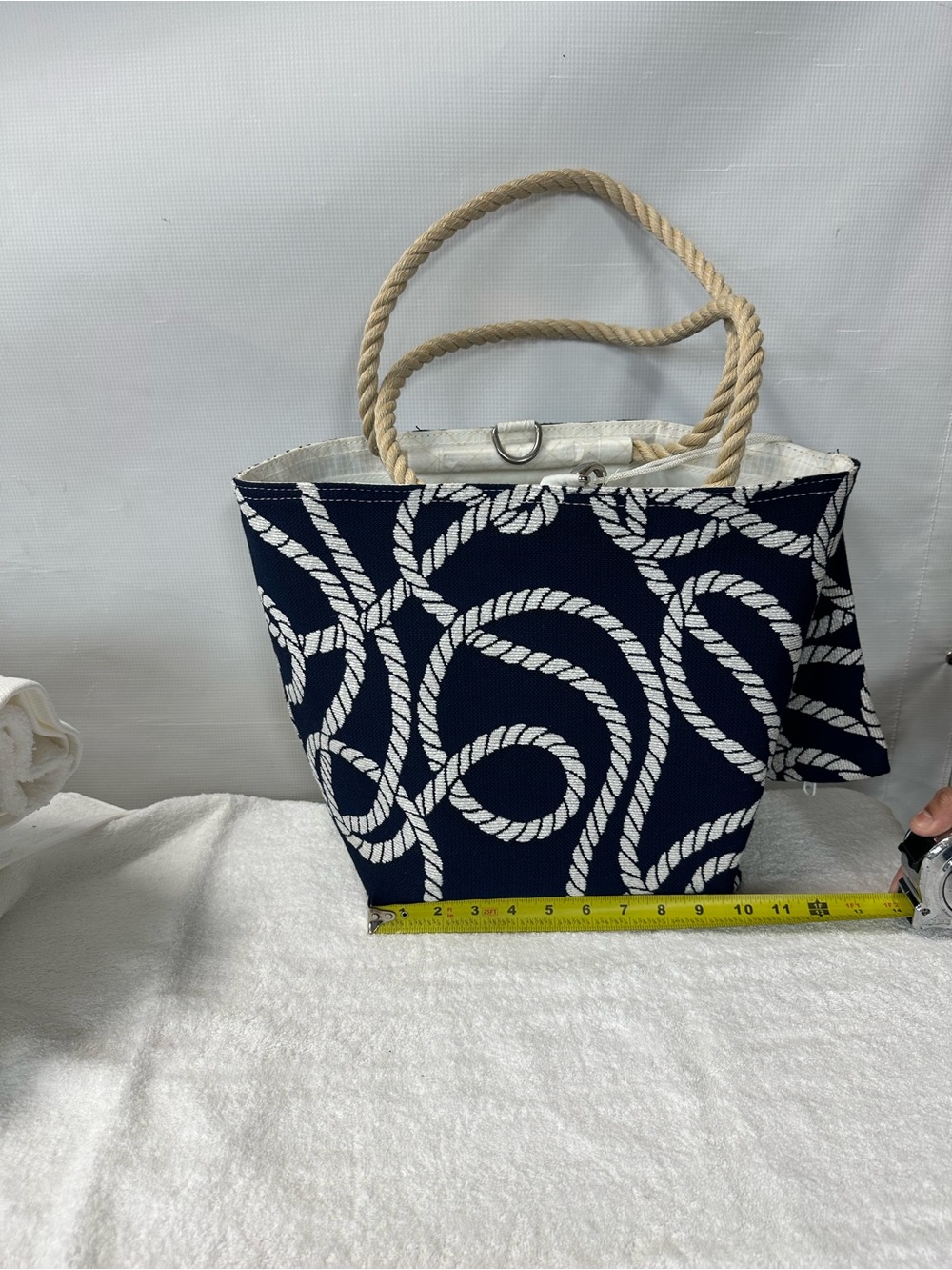 Navy Rope-Pattern Tote Bag with Natural Rope Handles - Picture 3 of 9